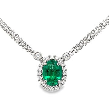 18K White Gold Oval Emerald and Diamond Halo Double Strand Cable Chain Necklace