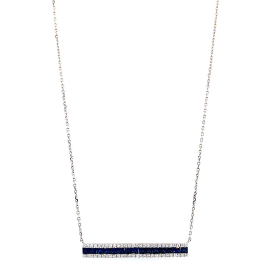 18K White Gold Sapphires and Diamonds Bar Pendant with Chain