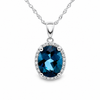 14K White Gold Oval London Blue Topaz with Diamond Halo Pendant and Chain