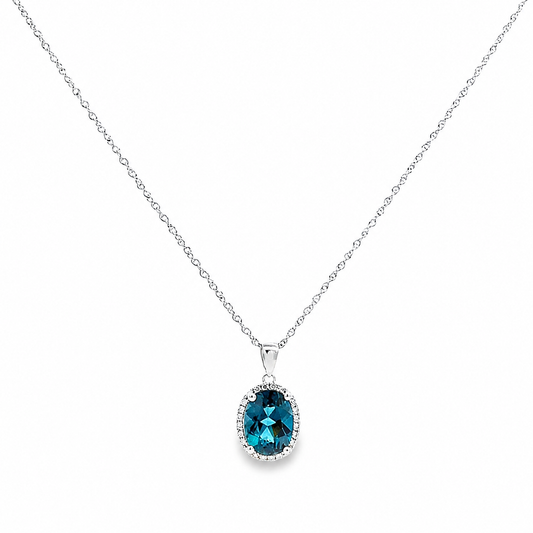 14K White Gold Oval London Blue Topaz with Diamond Halo Pendant and Chain