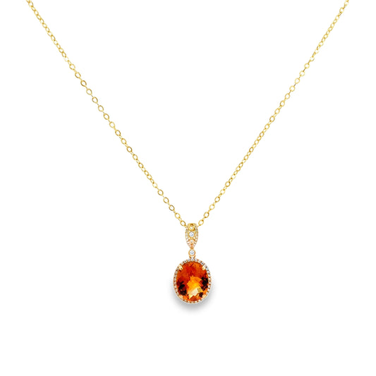 14K Yellow Gold Oval Citrine and Diamond Halo Pendant with Chain