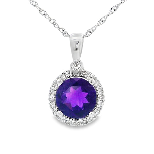 14K White Gold Round Amethyst & Diamond Halo Pendant