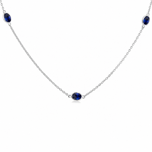 14K White Gold Bezel Oval Sapphire 7 Station Necklace