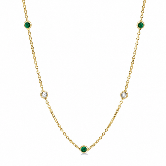 14K Yellow Gold Alternating Bezel-Set Emerald and Diamond Station Necklace