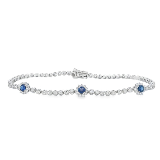 18K White Gold Sapphire Flower Station Tennis Bracelet