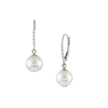 14K White Gold Diamond and 8-8.5mm Akoya Leverback Drop Earrings