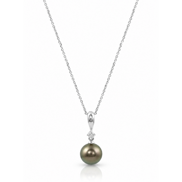 14K White Gold Diamond and Tahitian Pearl Pendant with Chain