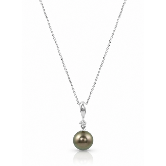 14K White Gold Diamond and Tahitian Pearl Pendant with Chain