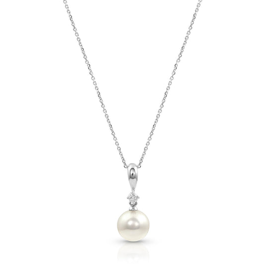 14K White Gold Diamond and Akoya White Pearl Pendant with Chain