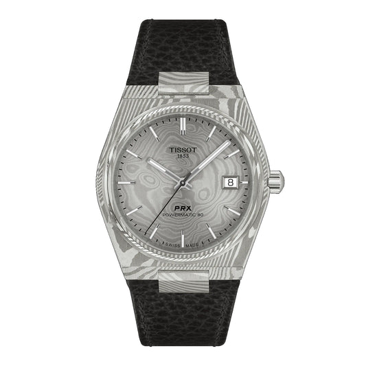 Tissot PRX Damascus Steel 38mm and Black Leather Strap
