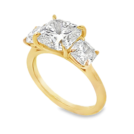 14K Yellow Gold 3-Stone Cushion Lab Grown Diamond Engagement Ring
