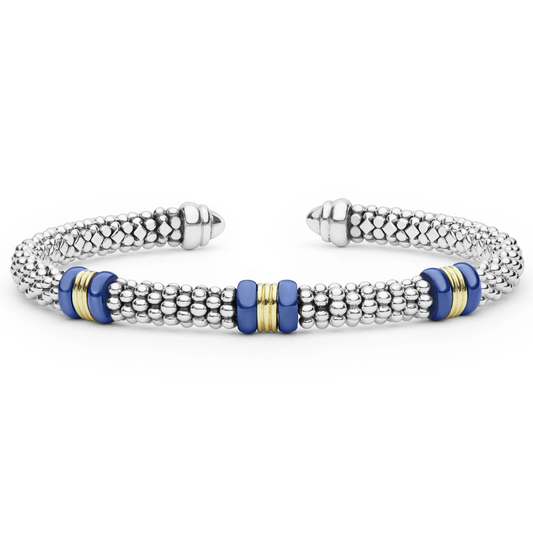 Lagos Two-Tone Three Station Ultramarine Ceramic Versa Torque Bracelet