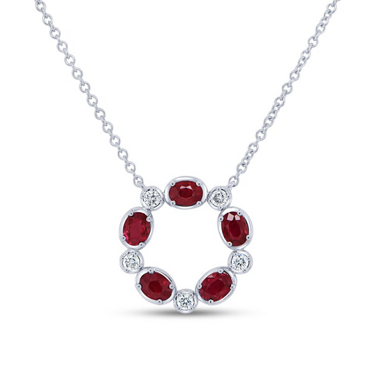 18K White Gold Ruby and Diamond Circle Necklace