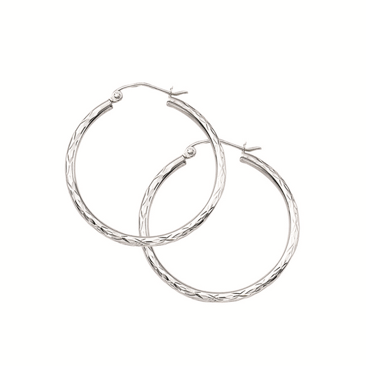 14K White Gold Diamond-Cut Hoops