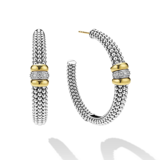 Lagos Sterling Silver & 18K Signature Caviar Beaded Diamond 40mm Hoops