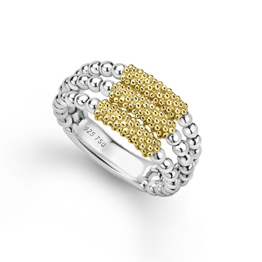 Lagos Sterling Silver & 18K Yellow Gold Caviar Tri-Bar Ring
