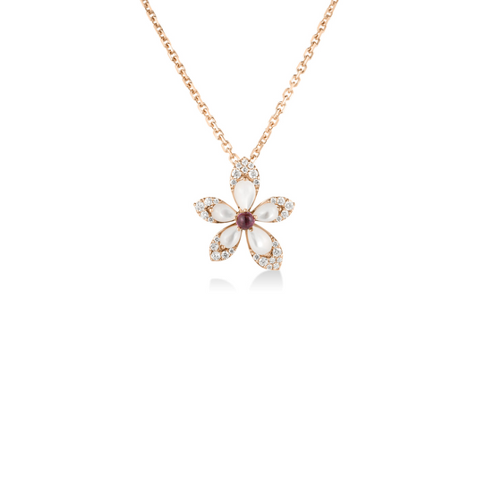 Roberto Coin 18K Rose Gold Tiare Diamond, Rubellite and Mother of Pearl Flower Pendant Necklace 17"