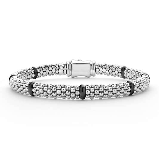 Lagos Sterling Silver and Black Ceramic Station 6mm Caviar Bracelet