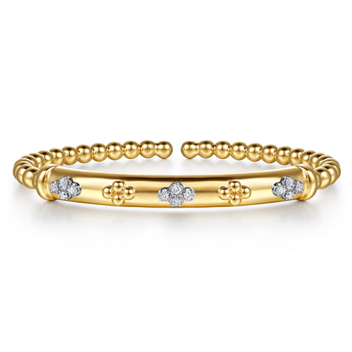 Gabriel & Co.14K White & Yellow Gold Bujukan Beaded and Diamond Clover Cuff Bangle Bracelet