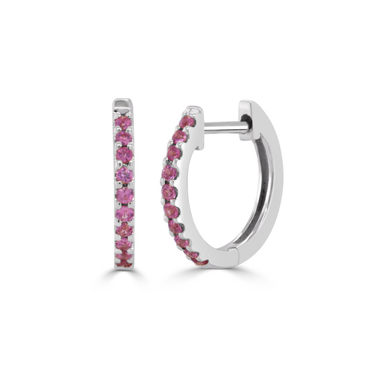 14K White Gold Sapphires Huggies Earrings with 20 Round Cut Sapphires