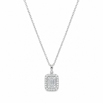 18K White Gold Diamond Rectangular Cluster Pendant and Chain