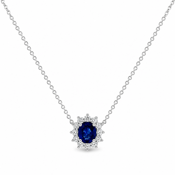 18K White Gold Oval Sapphire and Diamond Halo Pendant with Chain
