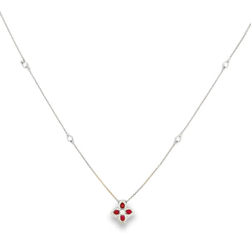 18K White Gold Diamond and Ruby Flower and Bezel-Set Diamond Station Necklace