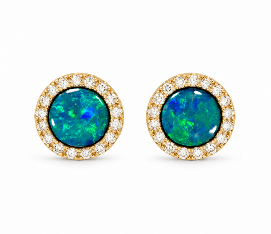 Parle 14K Yellow Gold Australian Opal Doublet and Diamond Halo Stud Earrings
