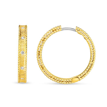 Roberto Coin 18K Yellow Gold Diamond Princess Satin Hoops