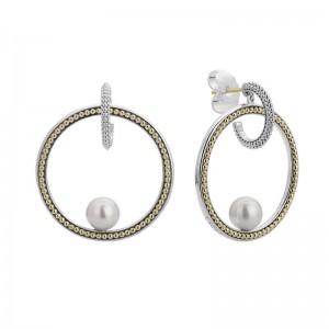 Lagos Sterling Silver 18K Yellow Gold Luna Caviar Loop Pearl Earring