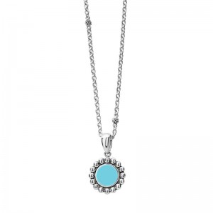 Lagos S/S Maya Blue Ceramic  16MM Circle Pendant on Small  Link Chain Caviar Balls