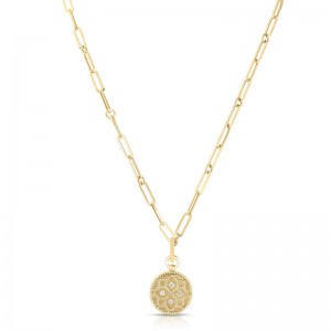 Roberto Coin 18K Yellow Gold Venetian Princess Small Diamond Medallion with 4 Round Diamonds G-H SI on PaperClip Necklace