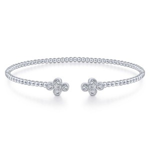 Gabriel & Co 14K White Gold Bujukan Bead Split Cuff Bracelet with Quatrfoil Diamond Endcaps 0.39 Tcw G-H SI2   Size 6.25
