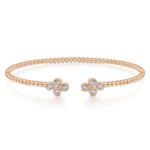 Gabriel & Co. 14K Rose Gold Bujukan Quatrefoil Diamond Endcaps Bead Split Cuff Bracelet
