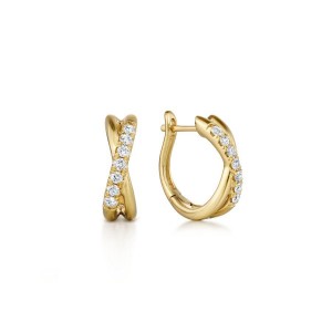 Gabriel & Co. 14K Yellow Gold Contemporary Twisted 15mm Diamond Huggies Earrings