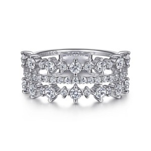 Gabriel & Co 14K White Gold Three Row Ring with 47 Round Diamonds 1.10 Tcw G-H SI2  Size 6.5