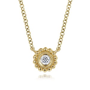 Gabriel & Co. 14K Yellow Gold Beaded Round Bezel Set Diamond Pendant with 1 Round Brilliant Cut Diamond 0.07 Tcw H-I SI2