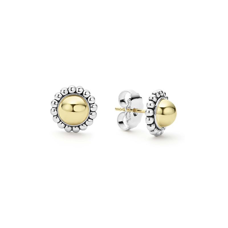 Lagos 18K Yellow Gold and Sterling Silver High Bar Gold Caviar 12mm Stud Earrings