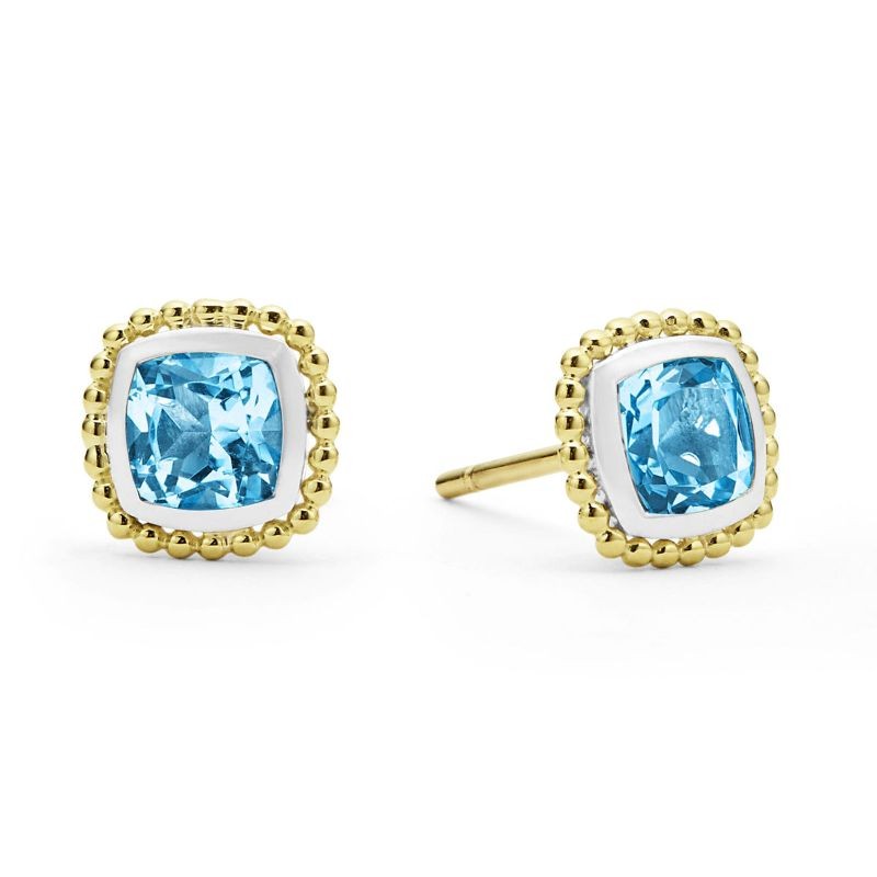 Lagos Sterling Silver & 18K Yellow Gold Swiss Blue Topaz 7mm Cushion Stud Earrings