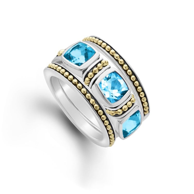 Lagos Sterling Silver & 18K Yellow Gold Caviar Swiss BlueTopaz Triple 6X6 Cushion  Stacking Rings