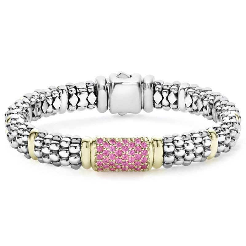 Lagos Sterling Silver & 18K Yellow Gold Caviar Pink Sapphire Center Gold Stations 9mm Rope Bracelet  Size 7