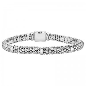 Lagos Sterling Silver Signature Caviar 7 Smooth Stations 6mm Rope Bracelet Size M