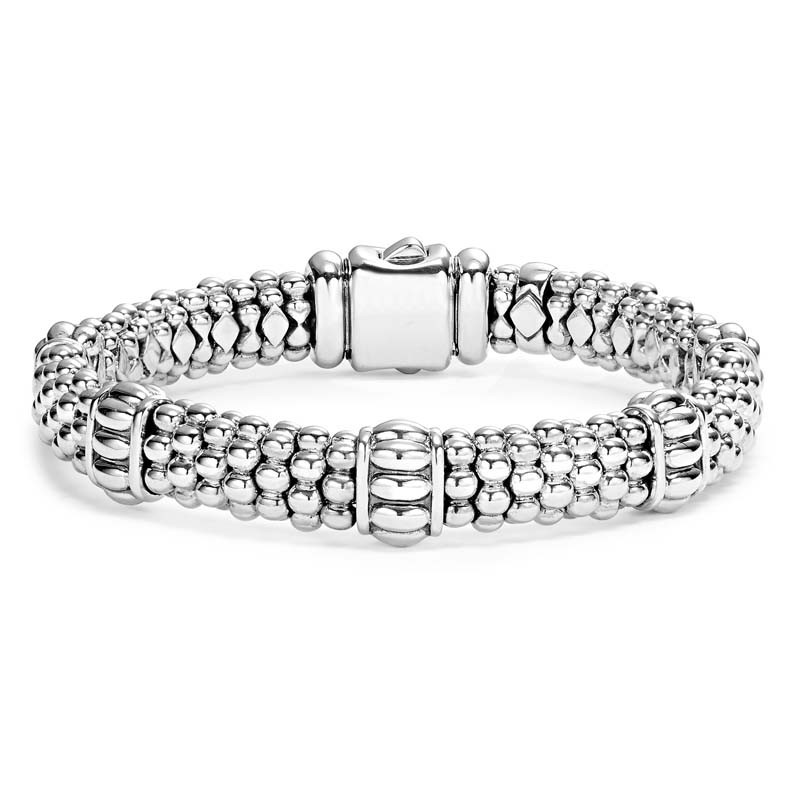 Lagos Sterling Silver Signature Caviar Five Fluted Station Beaded 9mm Bracelet