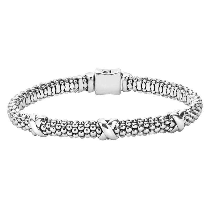 Lagos Sterling Silver Signature Caviar 6mm Three Station X Caviar Bracelet