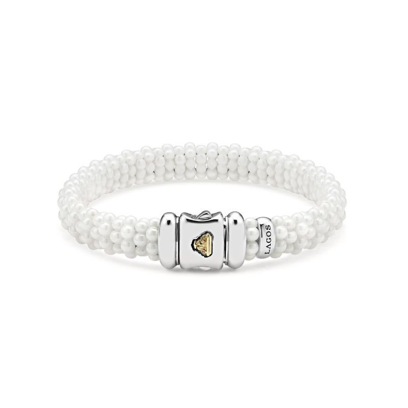 Lagos Sterling Silver & White Caviar Cream Bead 9mm Bracelet Size M