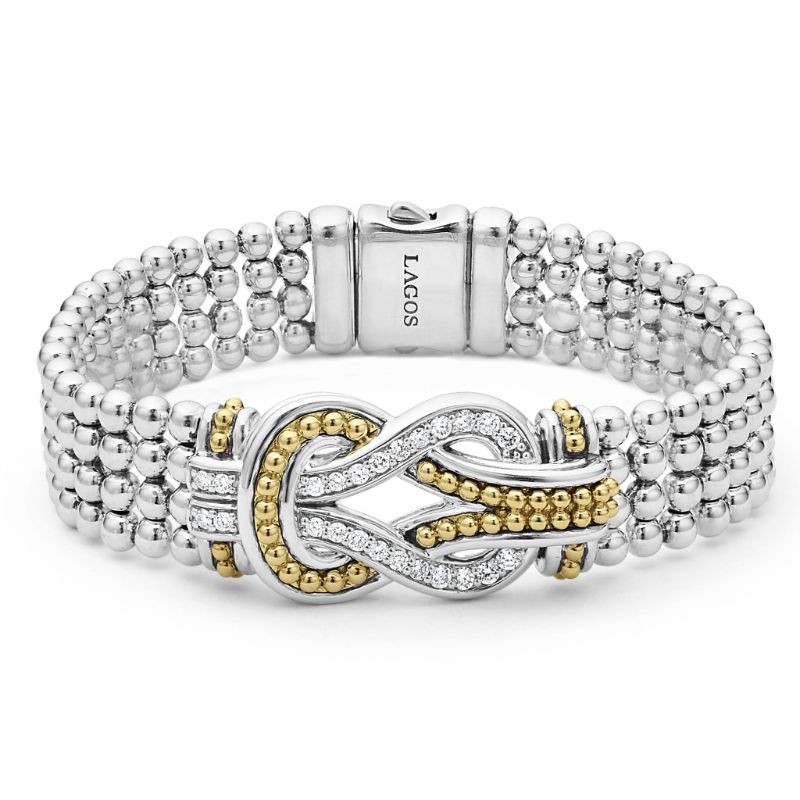 Lagos Sterling Silver & 18K Yellow Gold Newport 15mm Flat Link Bracelet with Round Diamonds 0.61 Tcw G-H SI Size M