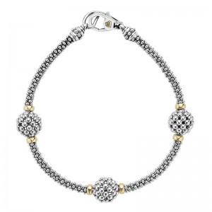 Lagos 18K Yellow Gold and Sterling Silver Signature Caviar Three Station Caviar Beaded 3mm Bracelet