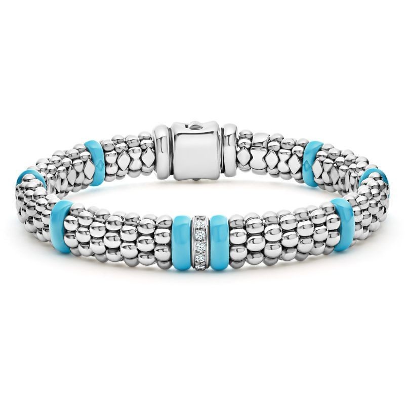 Lagos Sterling Silver Blue Caviar Ceramic Single Diamond Station Caviar 9mm Bracelet