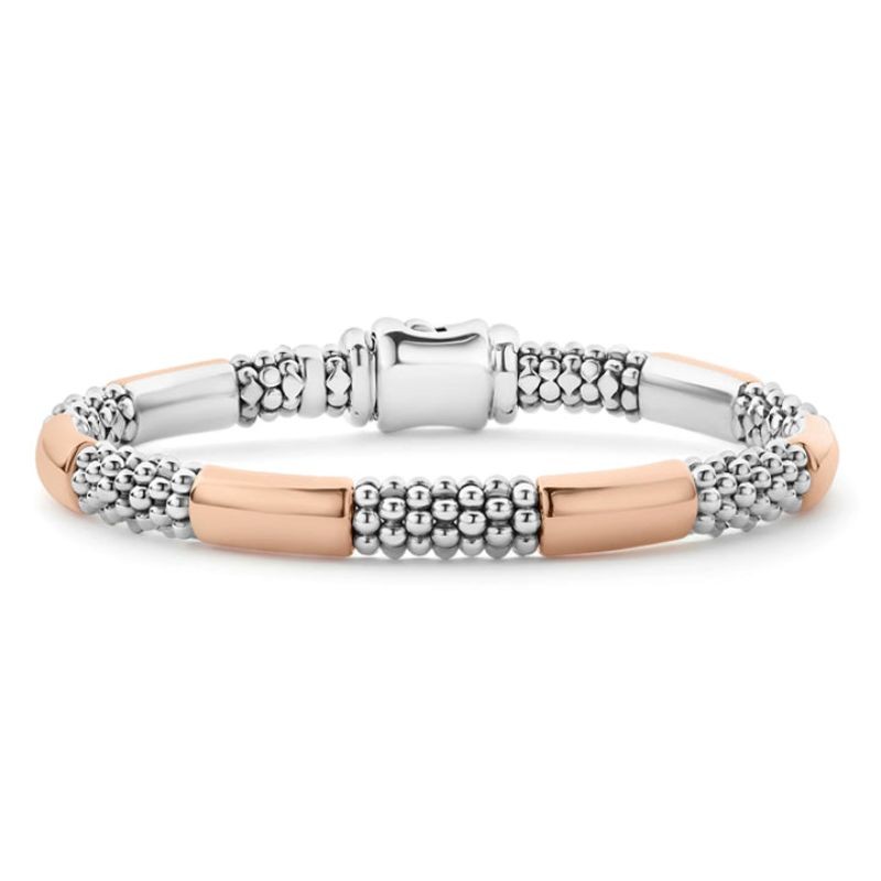 Lagos Stirling Silver & 18K Rose Gold High Bar 6 Smooth Stations 6MM Rope Bracelet - Size 7