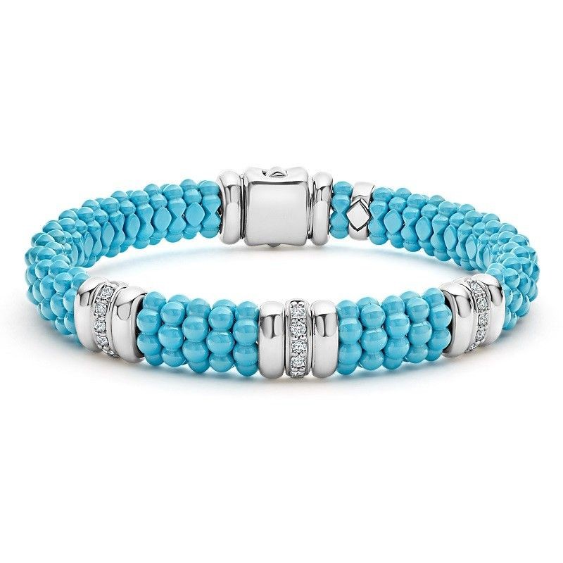 Lagos Sterling Silver Blue Caviar Three Station Diamond Ceramic Caviar 9mm Bracelet